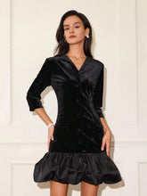 Women Solid Color Midi V-Neck Ruffle Hem Elegant Short Dress